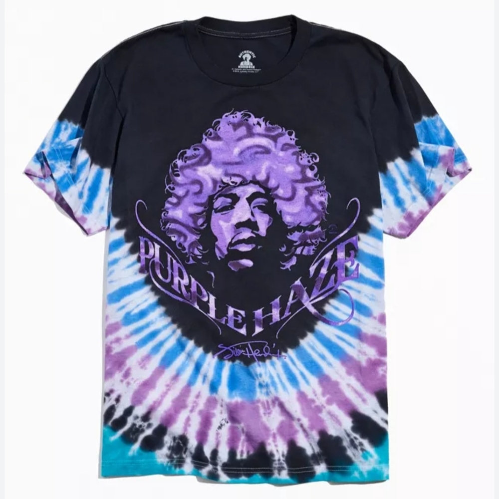 Jimi Hendrix Vibrant Purple Haze tie-dye t-shirt with a bold graphic.